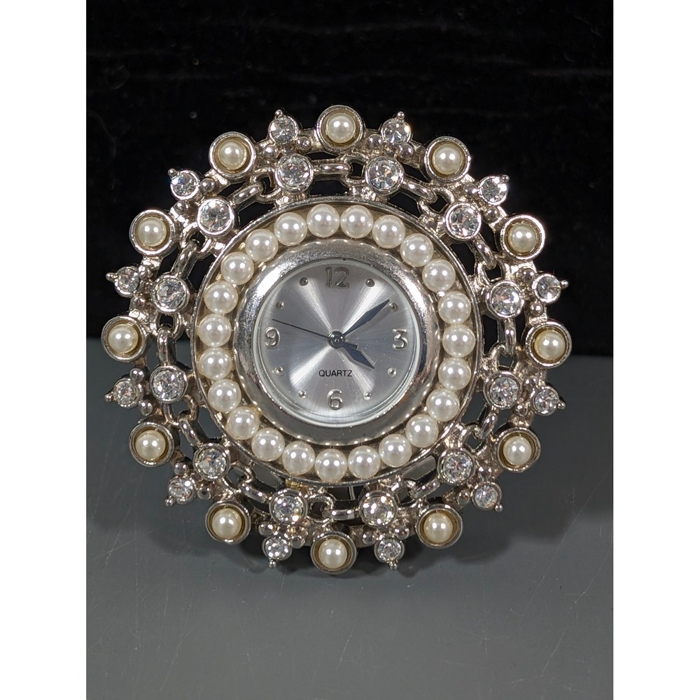 Silver Tone Faux Pearl Rhinestone Desk Clock Vanity Decor Working‎ New Battery